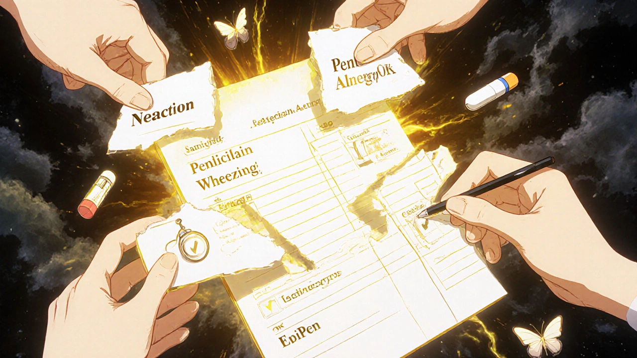 A floating medical record being corrected by hands, with symbols turning into butterflies as light breaks through.