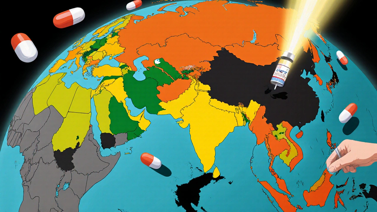 A fractured globe showing global disparities in generic drug access, with light piercing through counterfeit drug cracks.