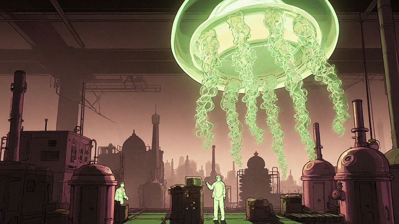 A glowing biosimilar molecule above a futuristic Indian factory, with traditional pill factories fading in the background.