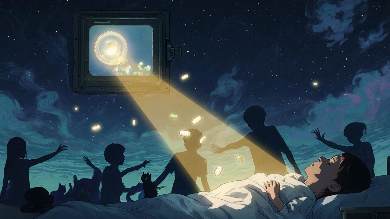 A glowing locked medication box protects a sleeping child at night, with shadowy figures reaching toward it.