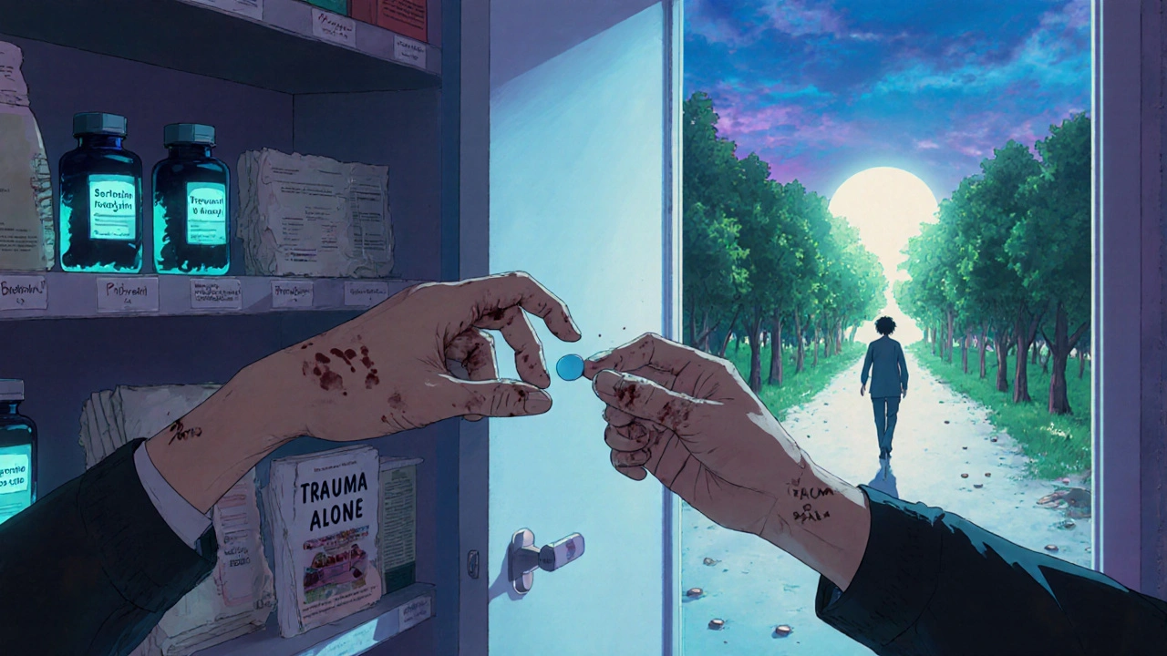 A hand reaching for PTSD medication, pulled back by a therapy-stained hand, leading to a sunlit path.