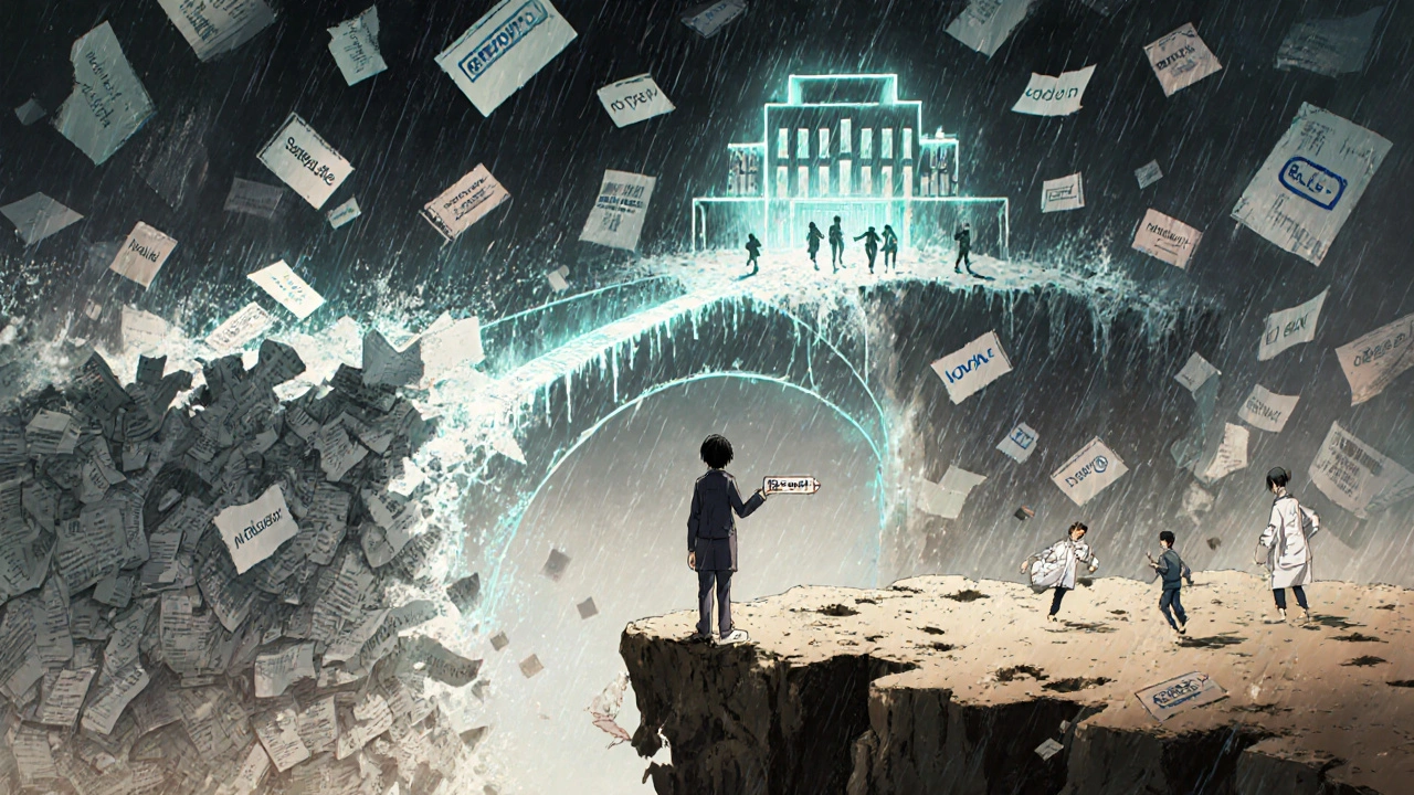 A patient at a cliff’s edge holding a pill as generic drug labels crumble below, with a bridge of paperwork leading to a distant hospital.