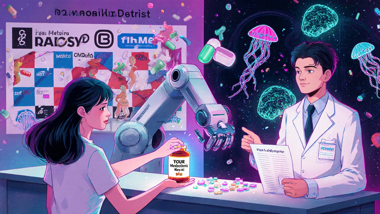 A patient receives a personalized pill from a robot, while outdated drug checkers crumble behind them in a vibrant anime scene.