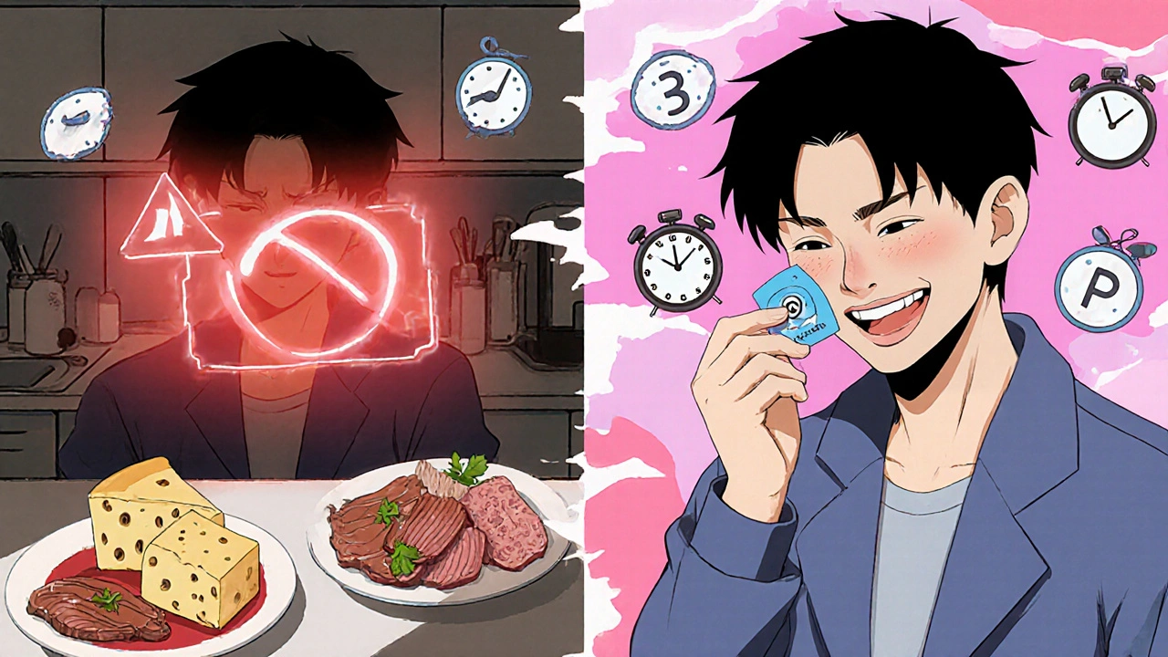 A person choosing between restricted foods and applying an Emsam patch, with a time-lapse visual of relief.