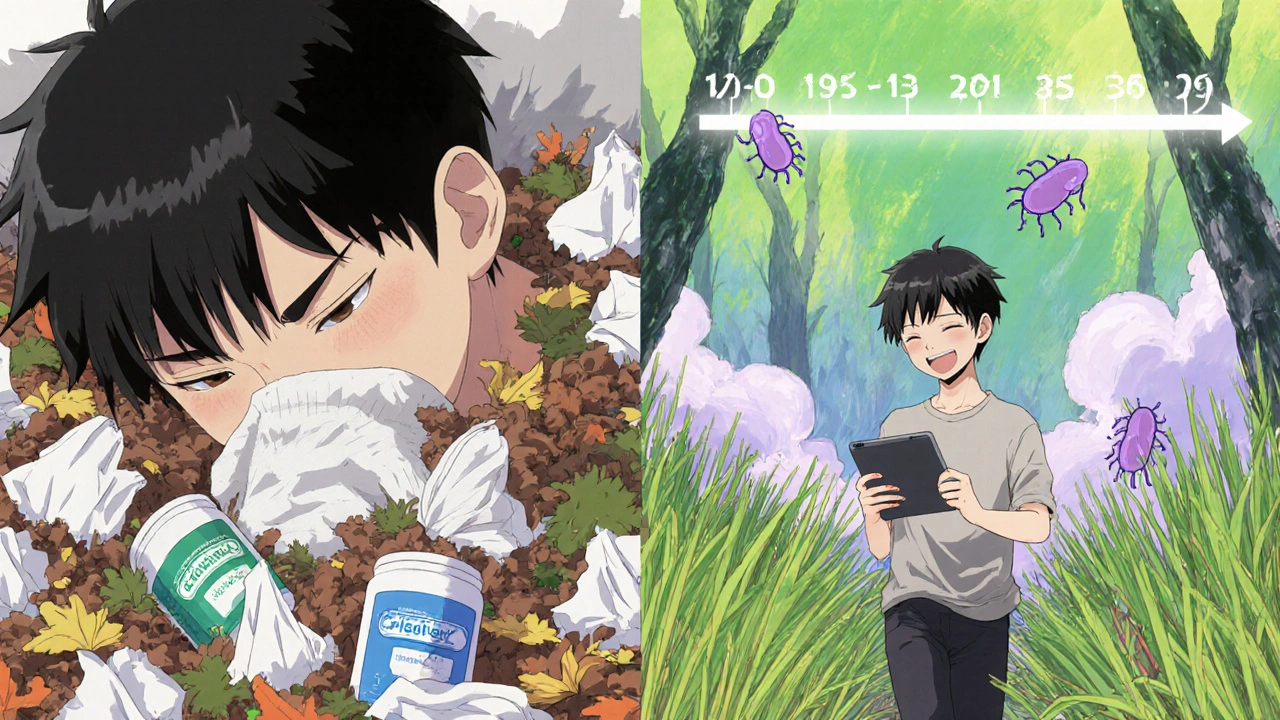 A person transitioning from overwhelmed by allergy symptoms to walking peacefully through a surreal pollen-filled landscape.