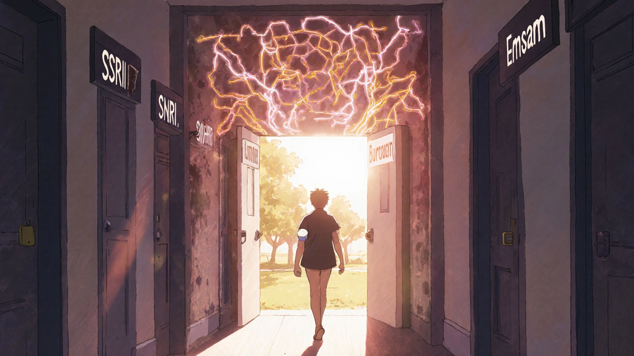 A person walking in a sunlit park through a corridor of closed antidepressant doors, with Emsam as the open path.