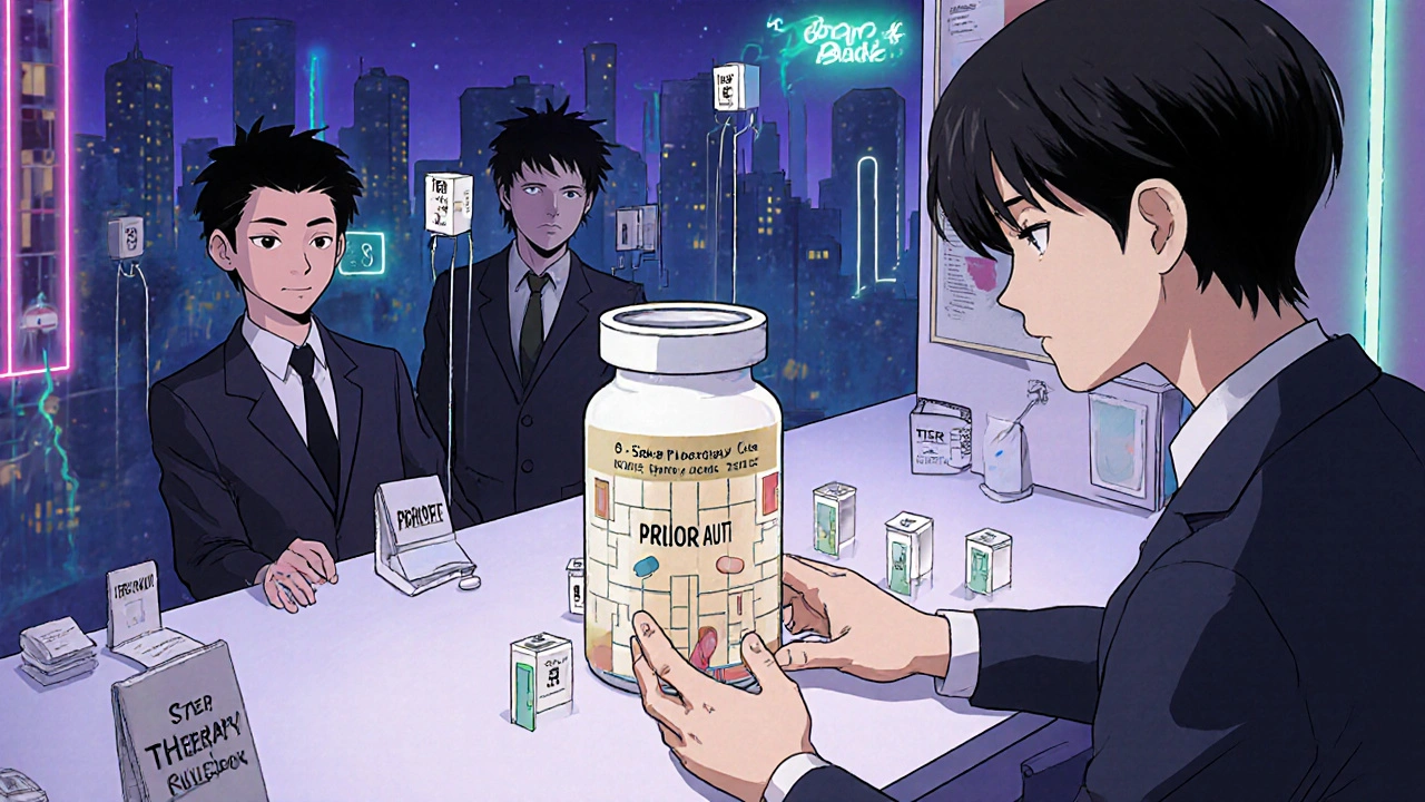A pharmacist handing a pill bottle that turns into a maze of bureaucratic doors, with shadowy figures controlling the flow from behind the counter.