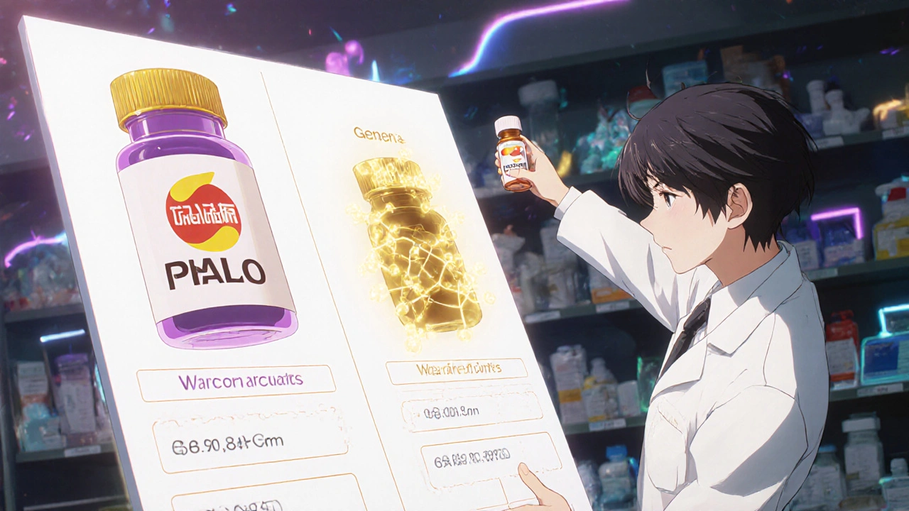A pharmacist holds a pill bottle while a glowing molecular comparison floats in the air between branded and generic pills.