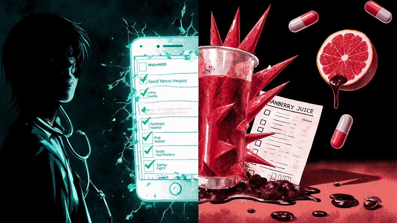 A smartphone showing a false safety check while blood pressure spikes violently, with a pharmacist watching in the background.