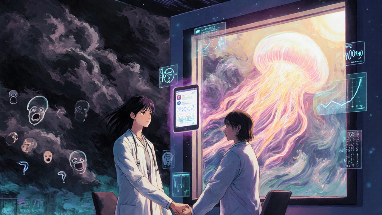 Adrenal gland blooming like a jellyfish as patient and doctor hold hands in futuristic clinic