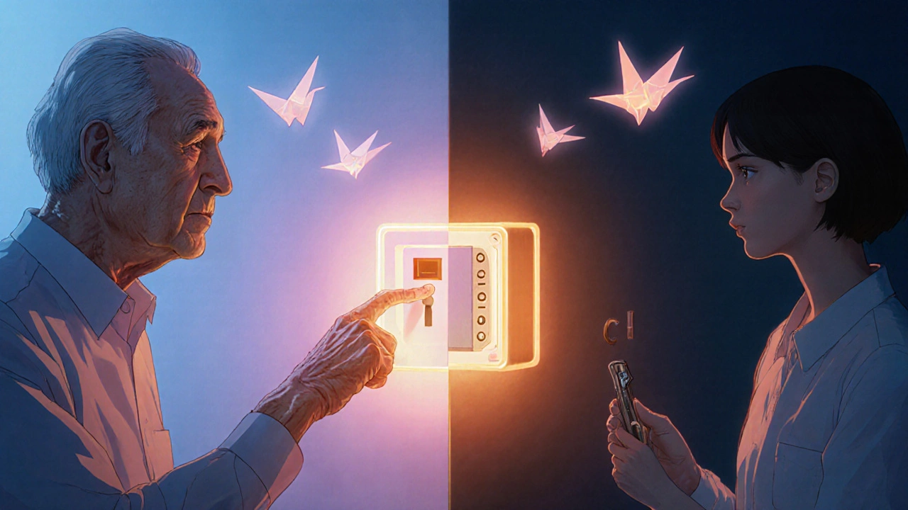 An elderly man unlocking a biometric medication box with a finger press, while old-style locks fade into shadow.