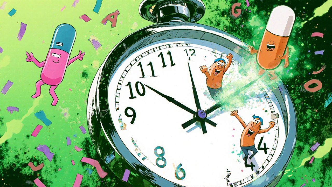 Clock-face gut with probiotics safely spaced from antibiotics, microbes dancing in neon-lit intestines.