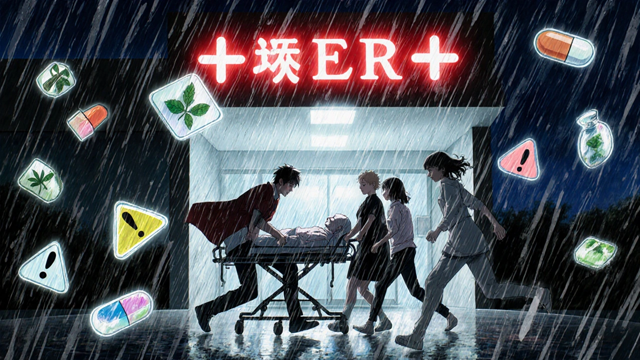 Family rushing patient to ER at night, cyanotic skin, floating drug symbols, stormy background.