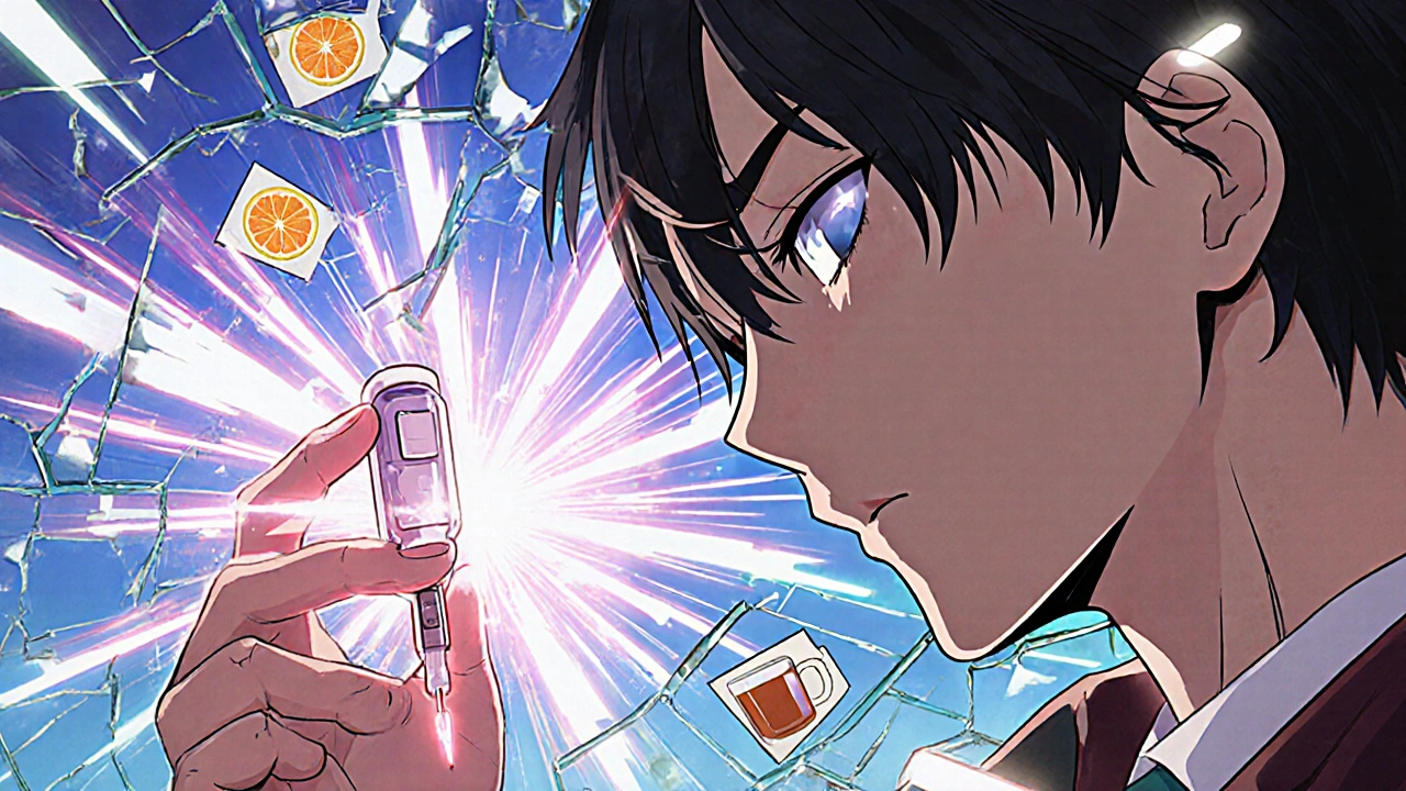 Hand deploying epinephrine pen, energy pulses radiating, shattered pill memories in background.