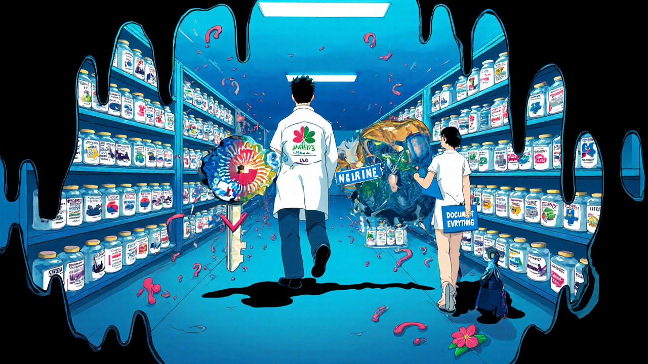 Infinite pharmacy shelf with state-locked generic medications and a patient walking beneath a giant pharmacist shadow.