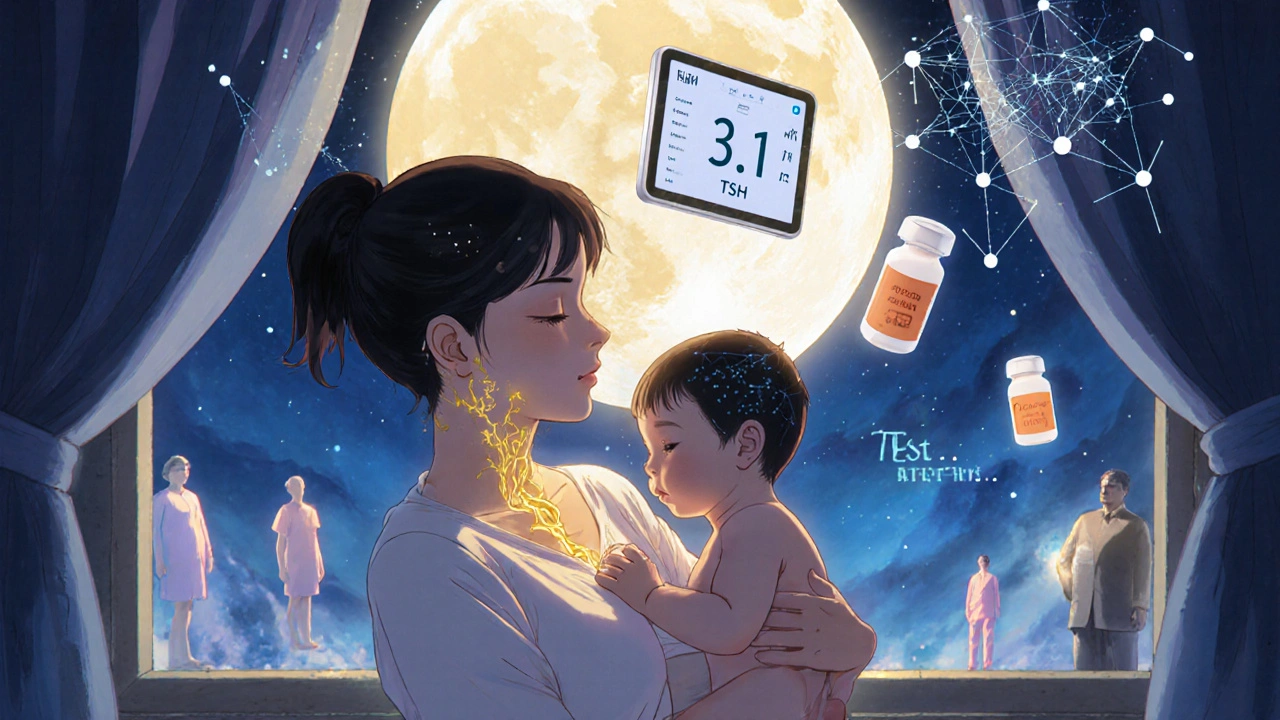 Mother breastfeeding as thyroid levels normalize, with AI algorithms and neural networks glowing above them.