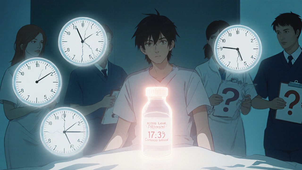 Patient surrounded by backward-ticking clocks and floating cortisol readout during steroid taper