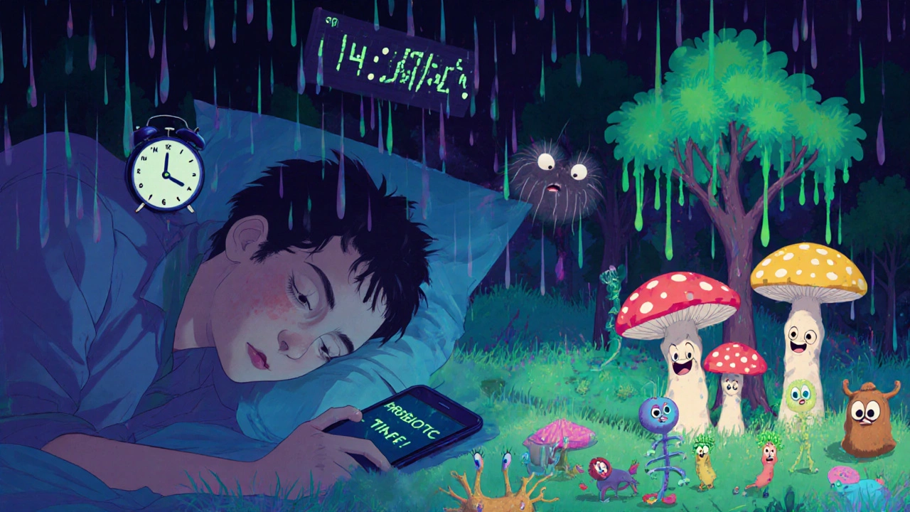 Person&#039;s body transforms into a recovering microbiome forest after antibiotic rain, probiotics blooming over 14 days.