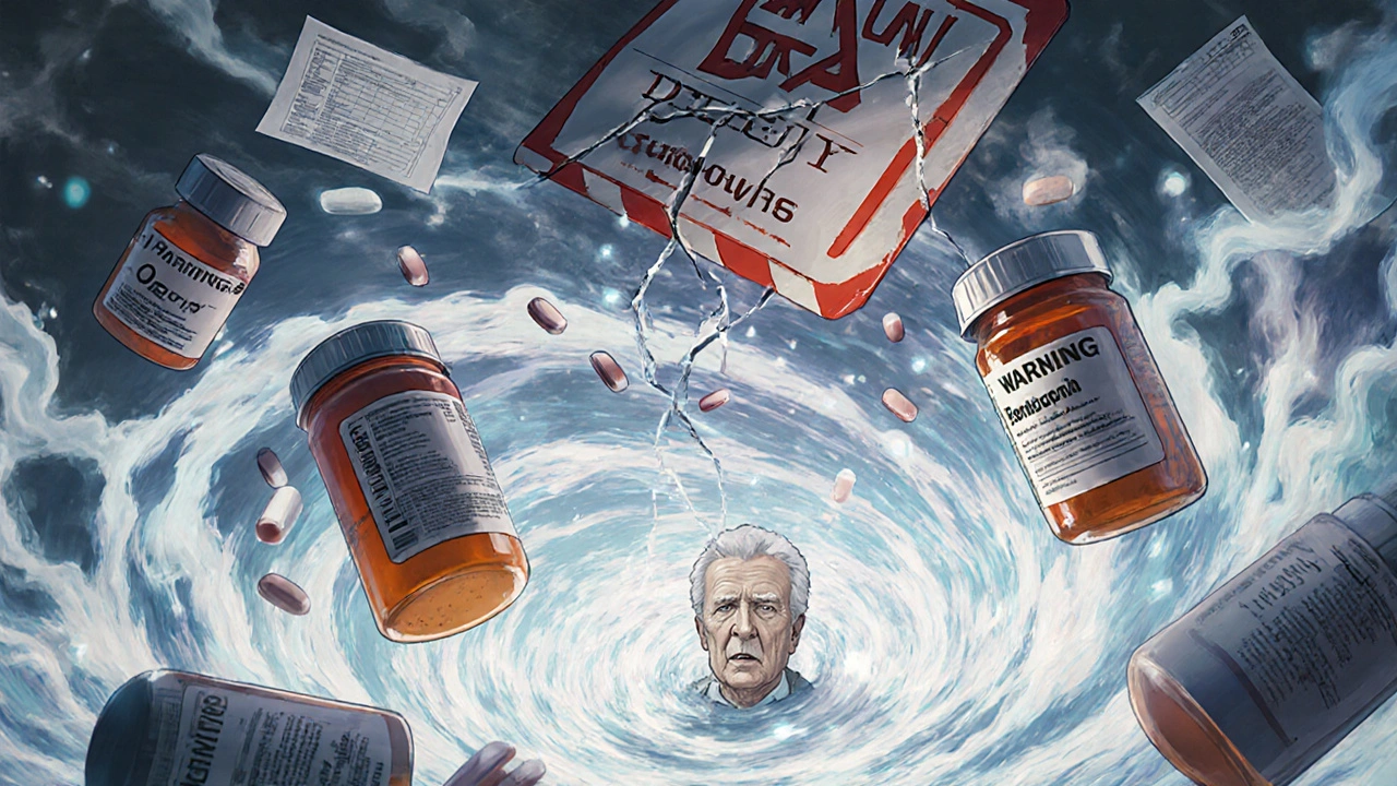 Prescription bottles spinning violently over a confused elderly patient, with a cracking FDA warning above.