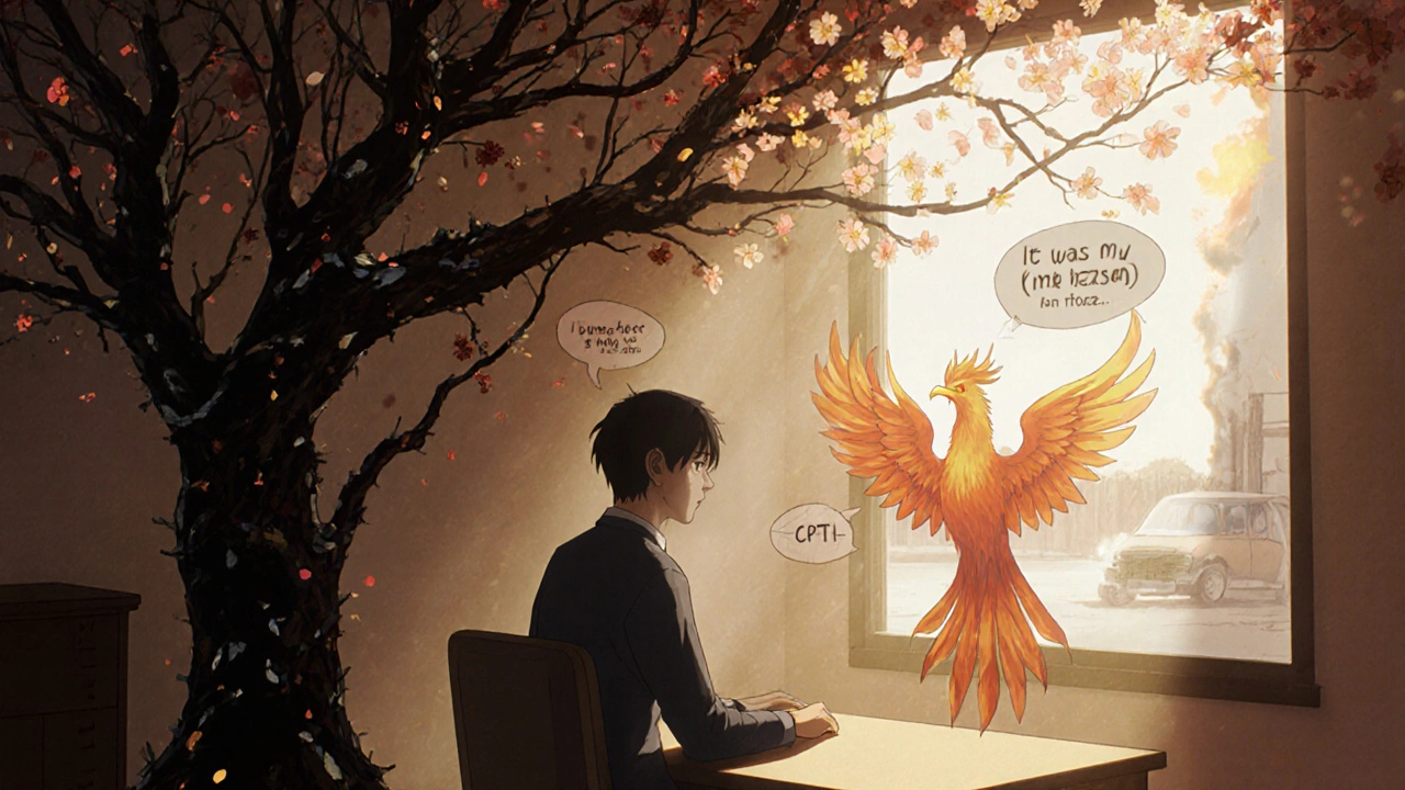 Therapist and patient in a glowing room, trauma memories transforming into blooming vines as a phoenix rises.