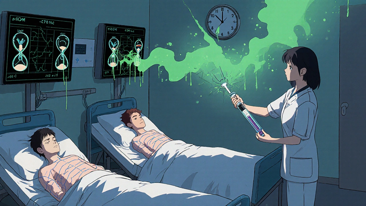 Three patients with snapping breathing lines in a hospital, naloxone syringe shattering as green mist returns.