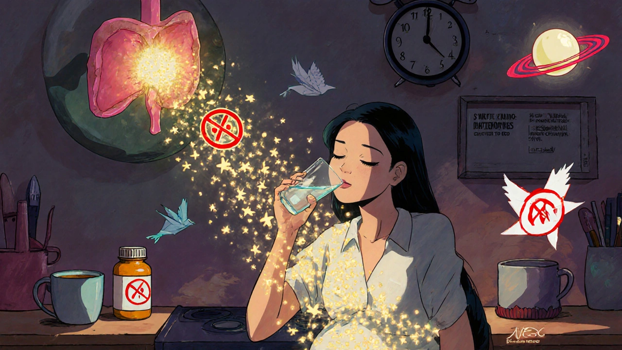 Woman taking thyroid medication as coffee and vitamins are pushed away, with clock turning into a thyroid gland.