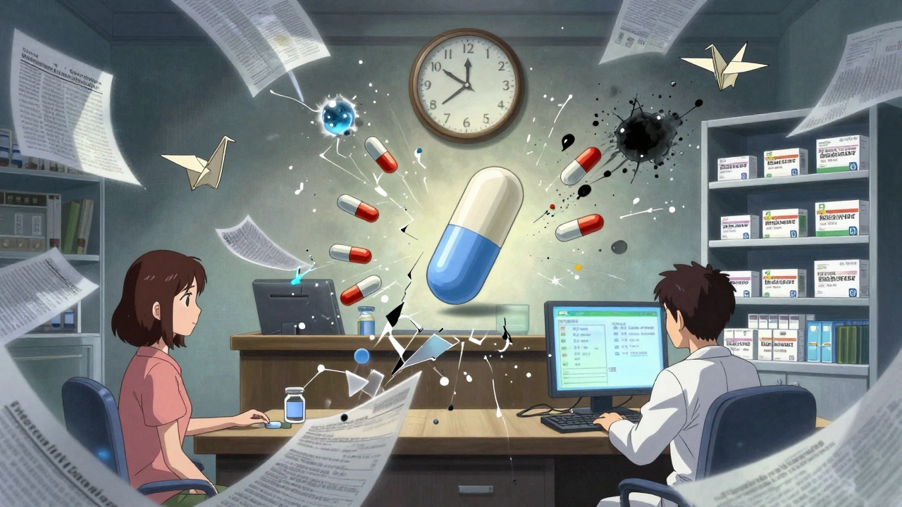 A central drug tablet surrounded by fading memories of patients and doctors, with Federal Register pages fluttering like origami cranes.