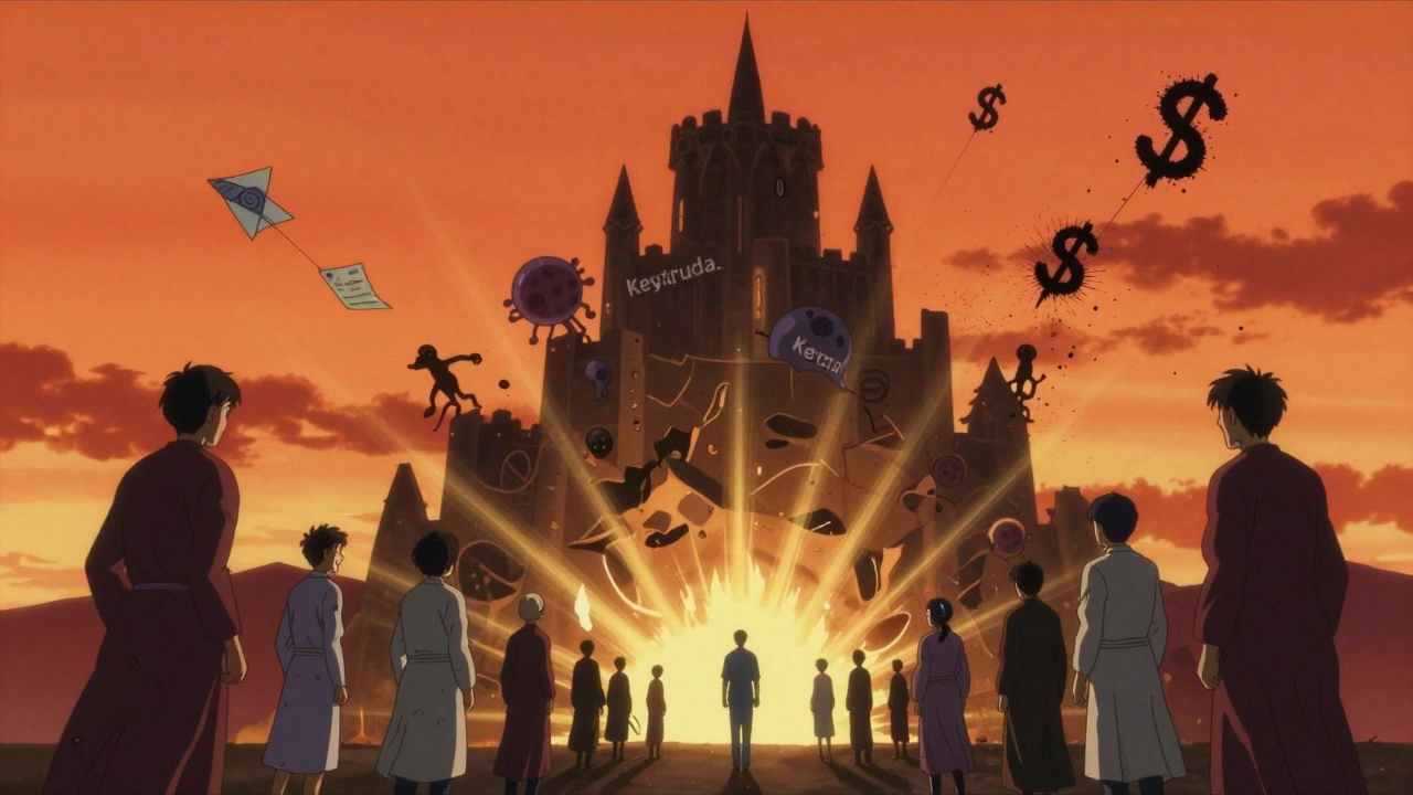 A crumbling cancer drug molecule releasing biosimilars as doctors and patients react below.