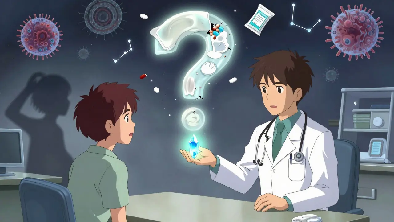 A doctor gives an antifungal treatment as harmful products disintegrate, and the patient’s shadow transforms into an empowered figure.