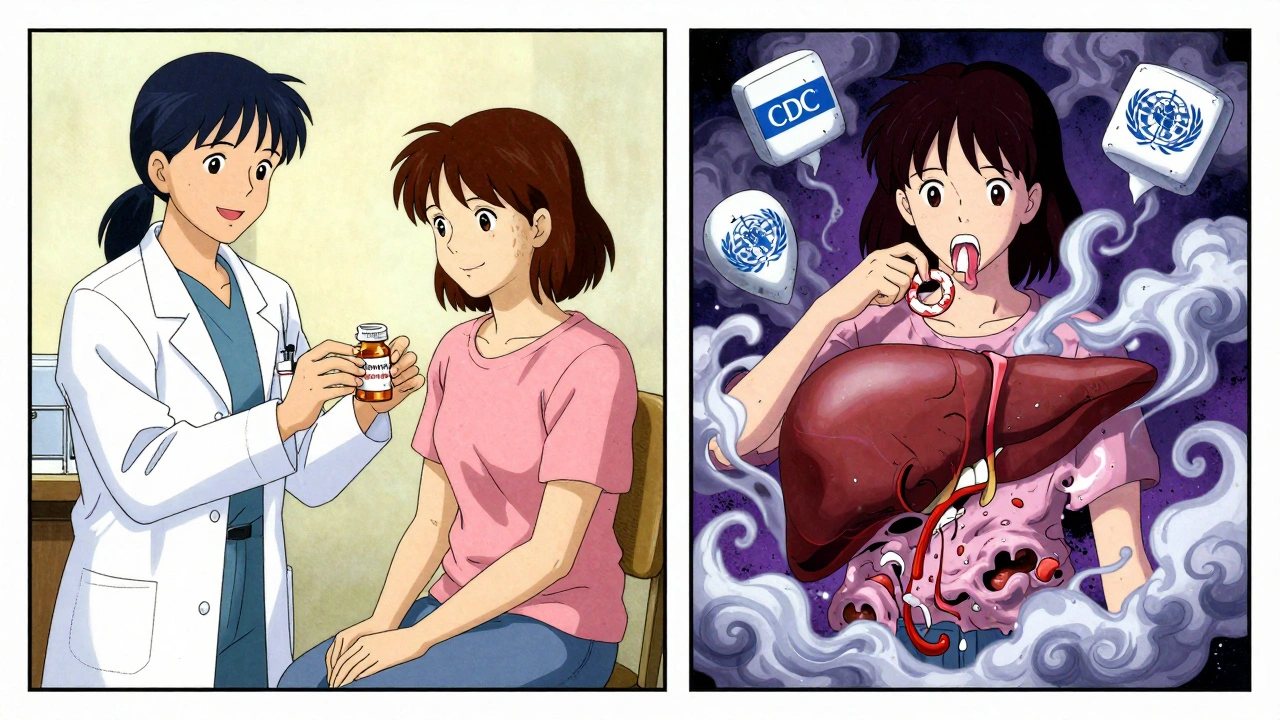 A doctor handing rifampin to a patient while a giant liver devours her birth control patch in a dreamlike scene.