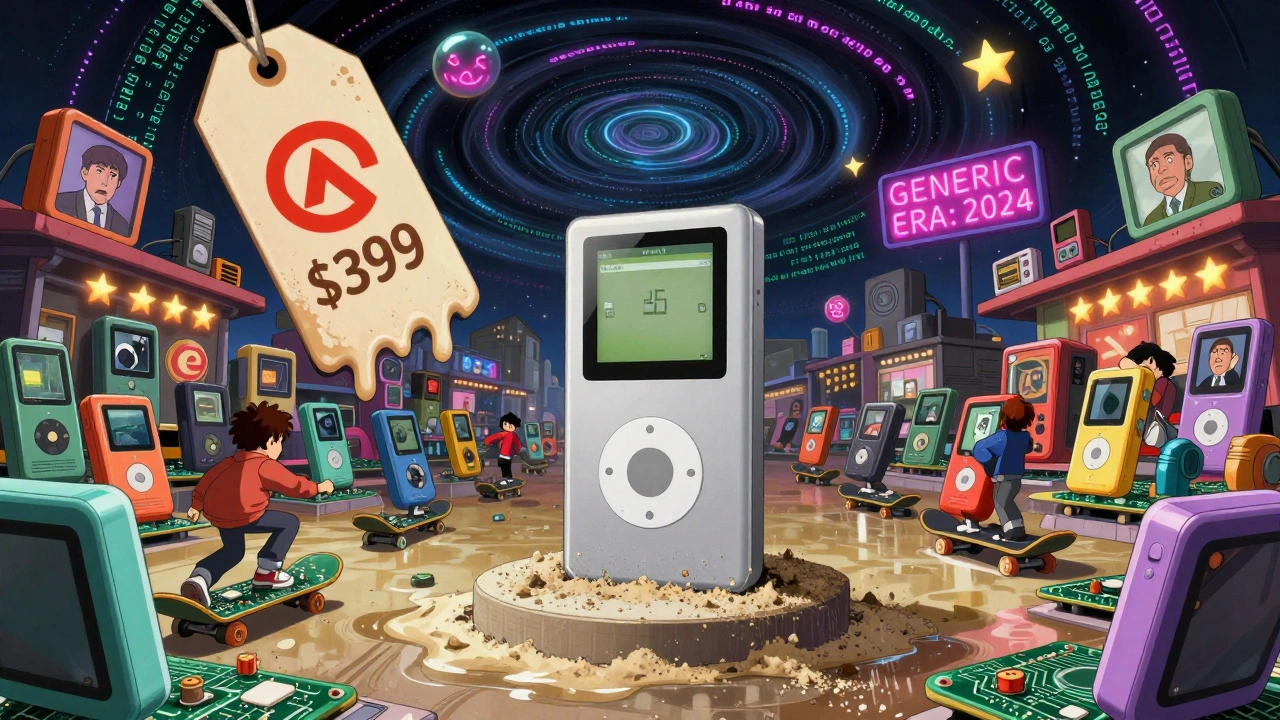 A dusty old iPod stands alone as hundreds of cheap music players zoom past on circuit board skateboards.