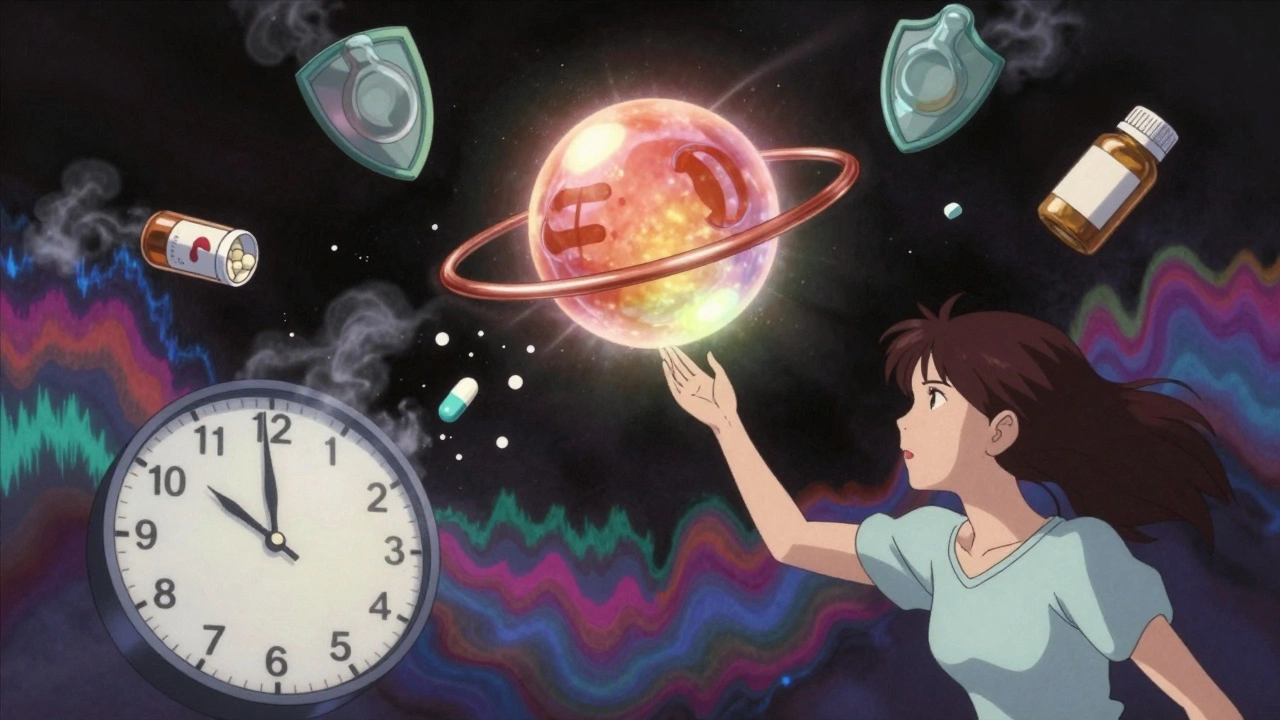 A glowing copper IUD surrounded by protective condoms, as shattered pills dissolve into ash around a determined woman.