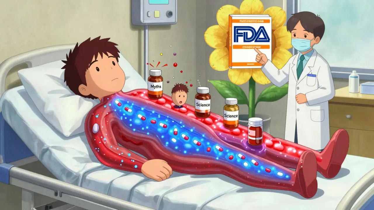A glowing human body with identical drug molecule flows, while myths explode into confetti beside a blooming FDA Orange Book.
