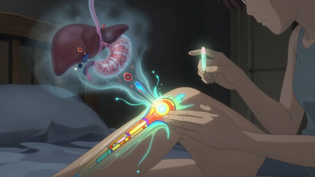 A hand applying glowing cream to a knee, with localized energy waves and a measured fingertip unit floating nearby.