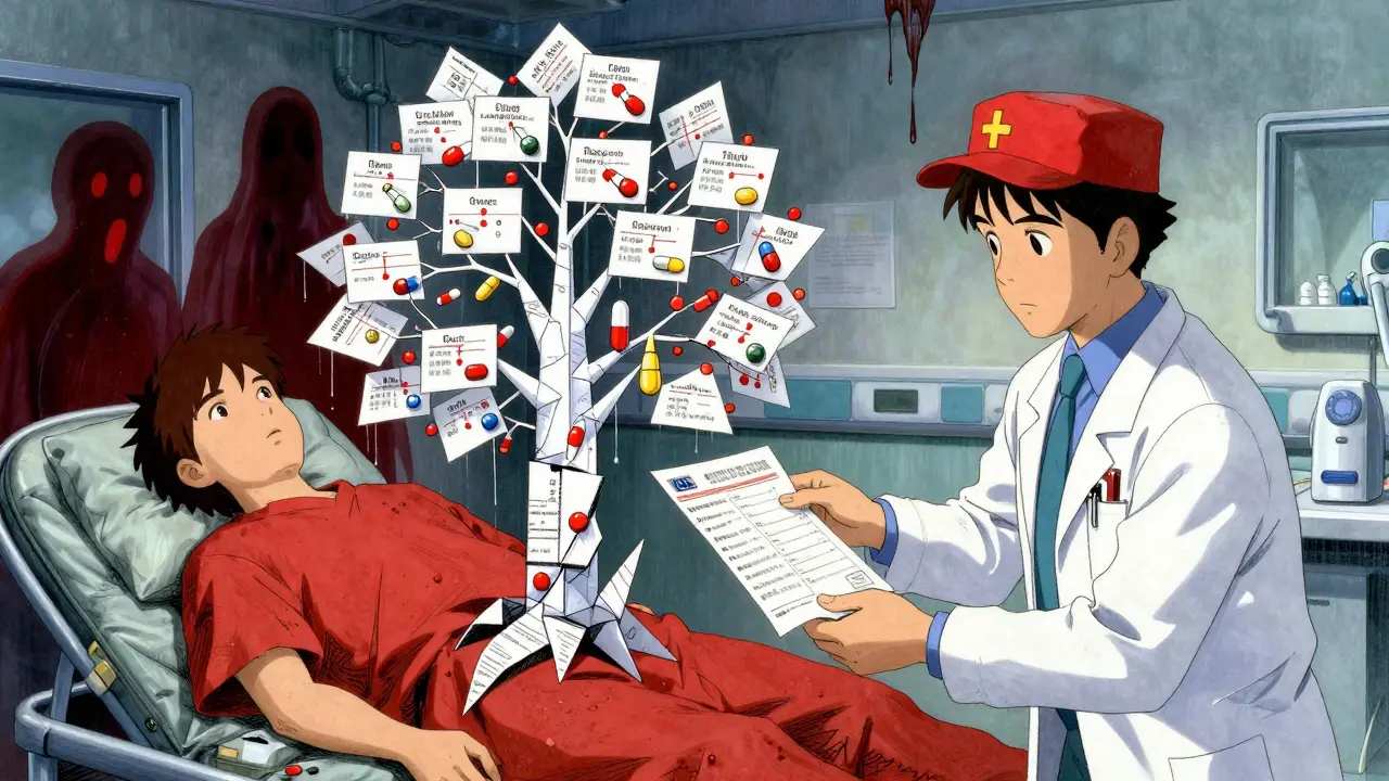 A hospital emergency scene where a printed medication list transforms into a living paper tree of drugs.
