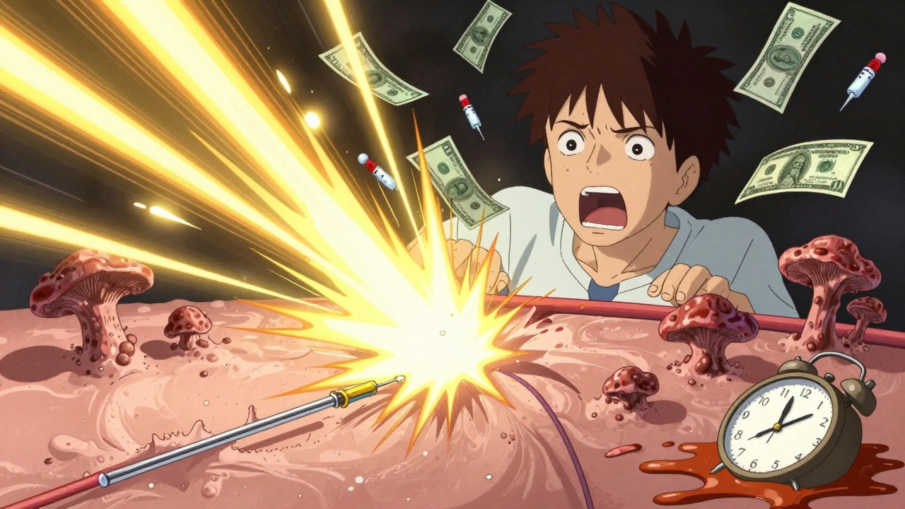 A needle injecting golden light into a vein, with abstract fear and financial symbols surrounding the patient.