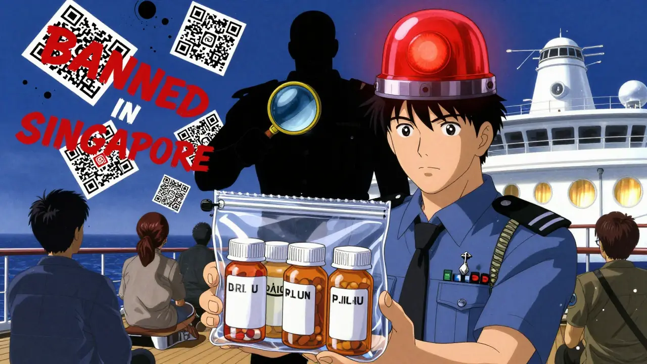 A passenger on a cruise deck holds original medicine bottles as a shadowy officer inspects an unlabeled pill organizer, with warning text floating around.