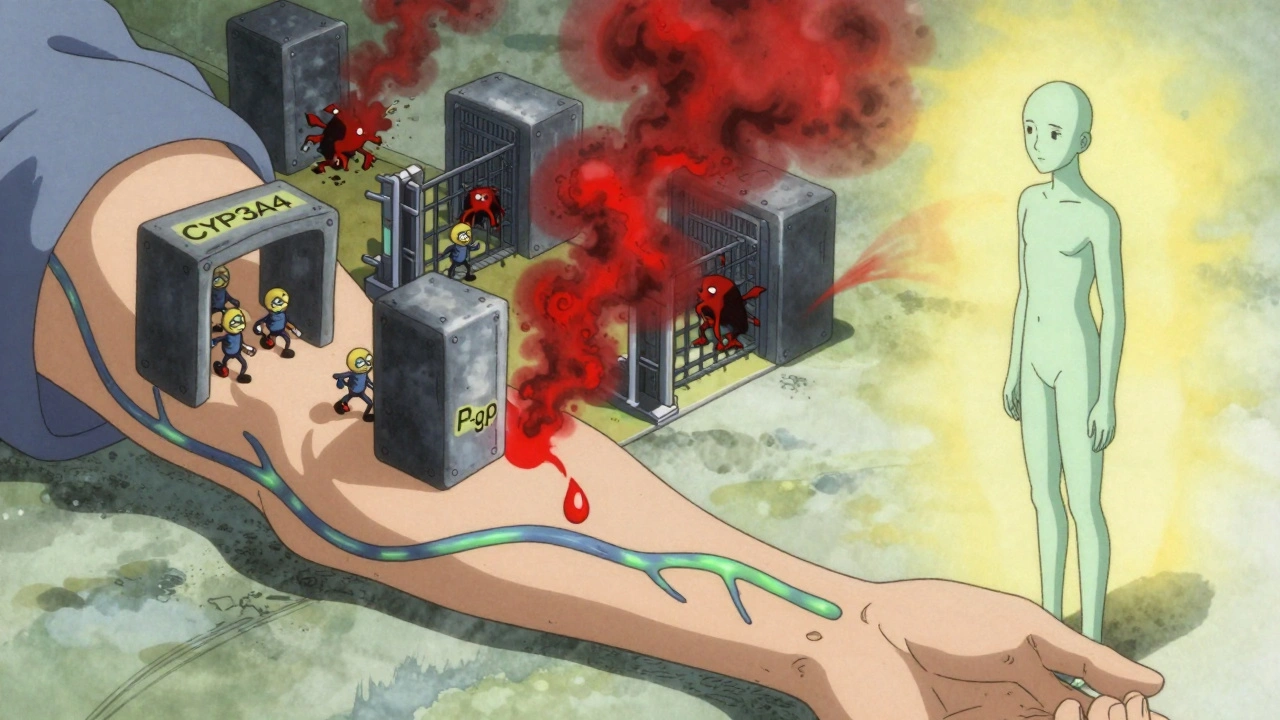A patient&#039;s vein becomes a battlefield where colchicine is crushed by enzymes as toxic smoke erupts, contrasted with a safe azithromycin figure.