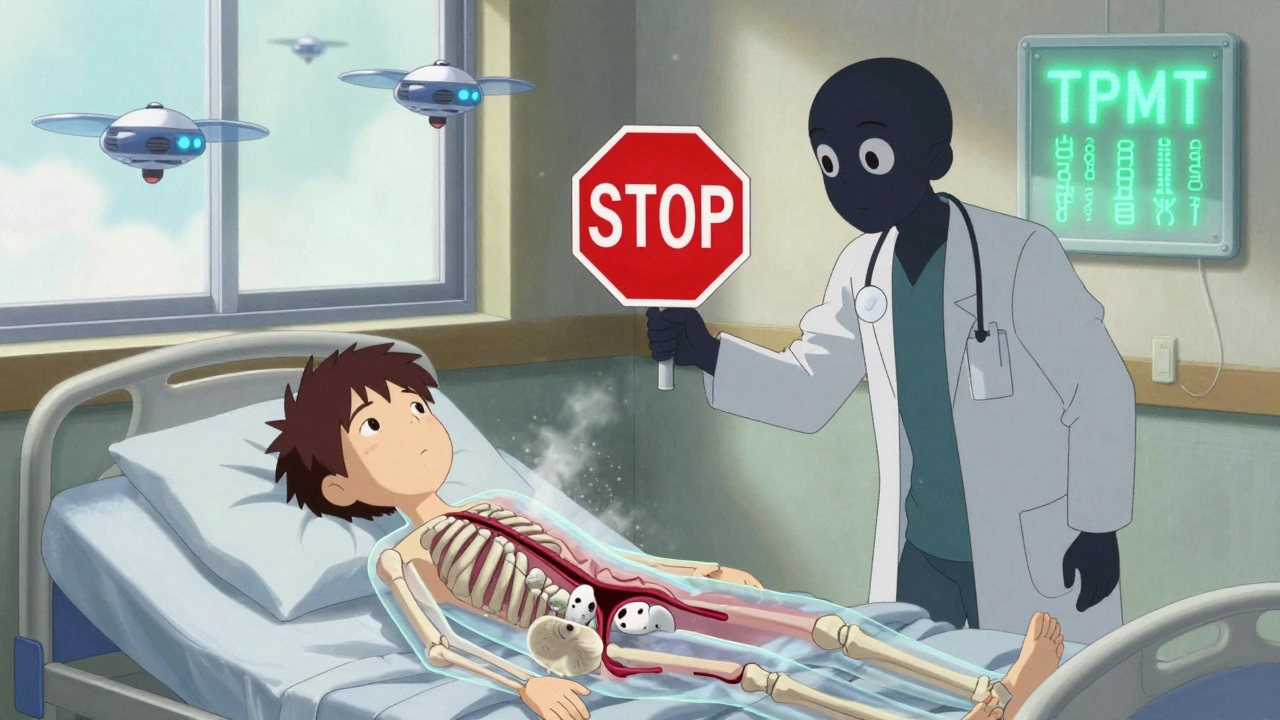 A patient in a hospital bed with transparent body showing collapsing bone marrow, while a warning card and genetic code glow nearby.