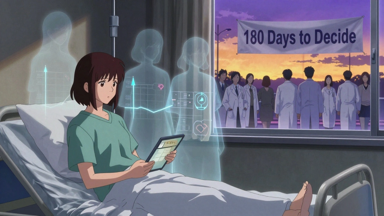 A patient on a hospital bed as ghostly figures of past users dissolve into smoke shaped like broken medical graphs, dawn light outside.