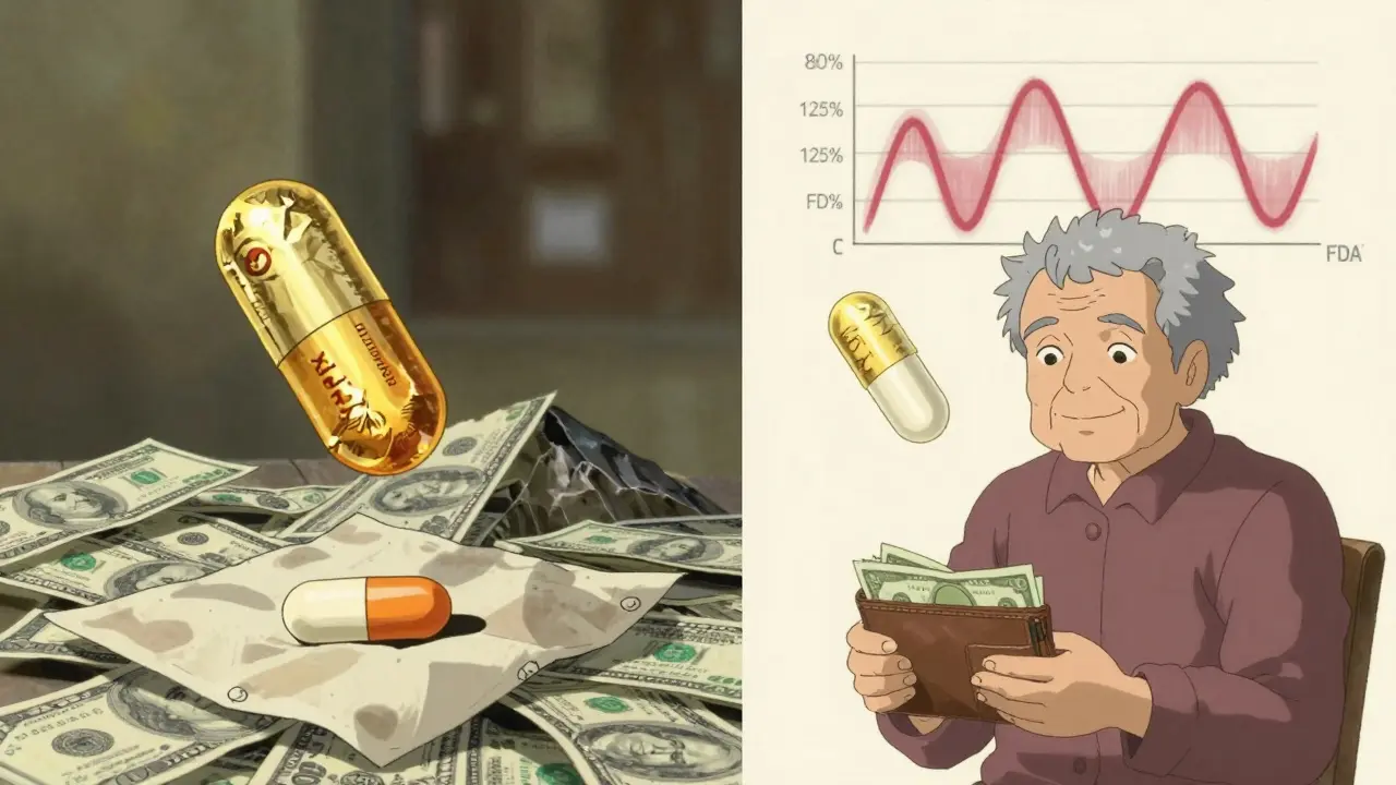 A patient receiving generic and brand pills, one surrounded by money, the other by a simple bag — both with identical blood concentration curves.