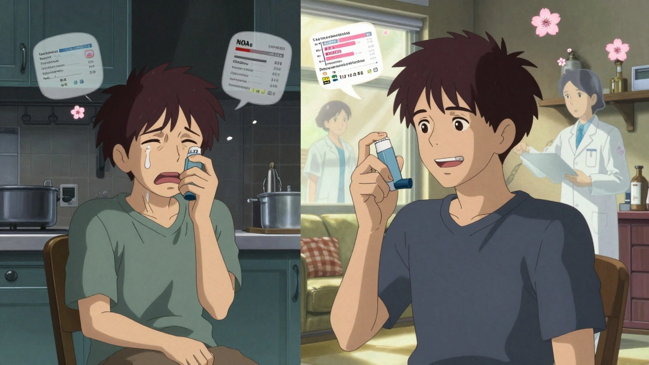 A patient transitioning from distress over expensive medication to relief with a generic alternative, surrounded by scientific visuals.