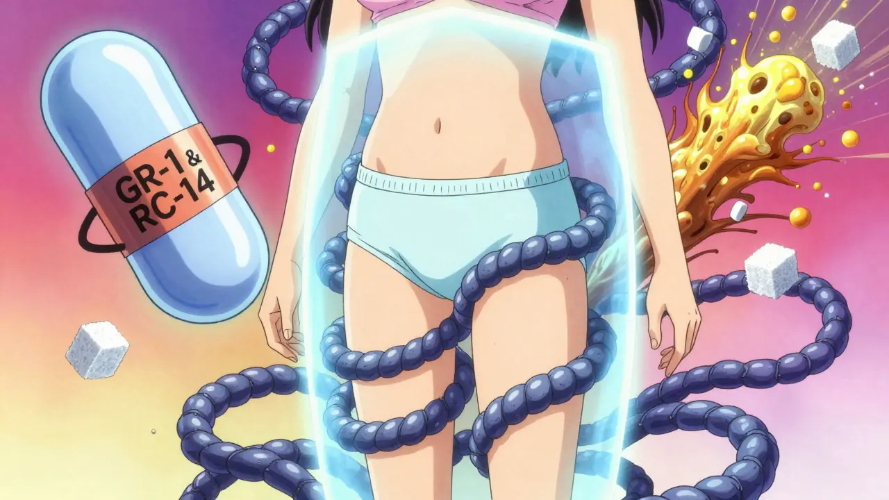 A person protected by cotton underwear while synthetic fabrics constrict them, with probiotics glowing nearby and sugar turning to yeast.