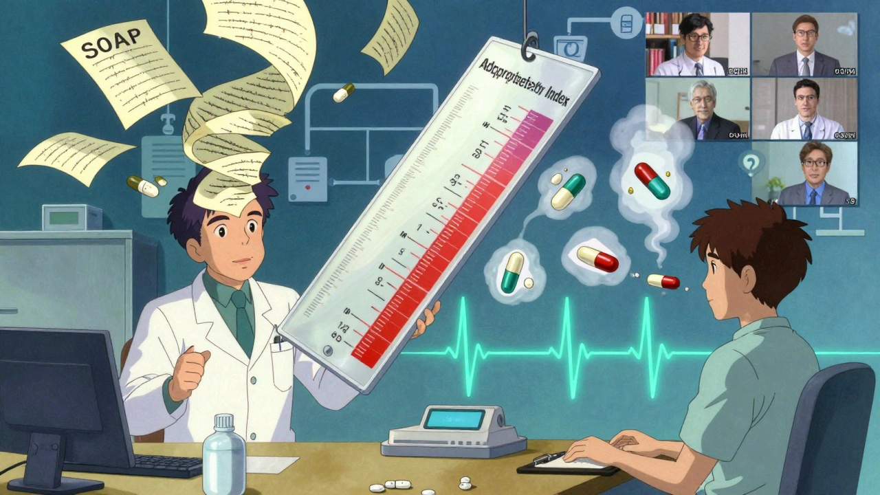 A pharmacist conducting a medication review with floating notes and health metrics, symbolizing improved patient outcomes.