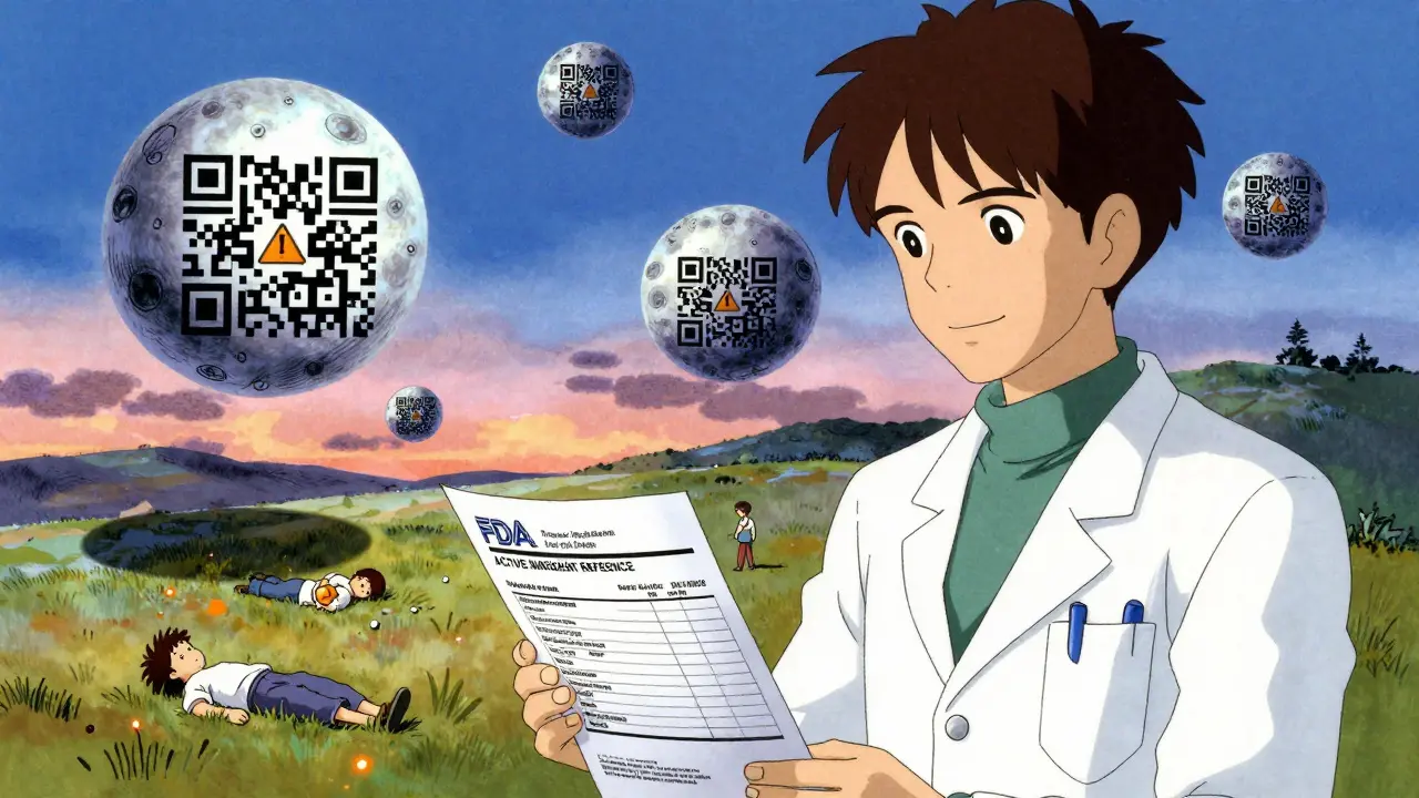 A pharmacist handing a reference chart as giant labeled pills float in a dreamlike landscape with QR code shadows.