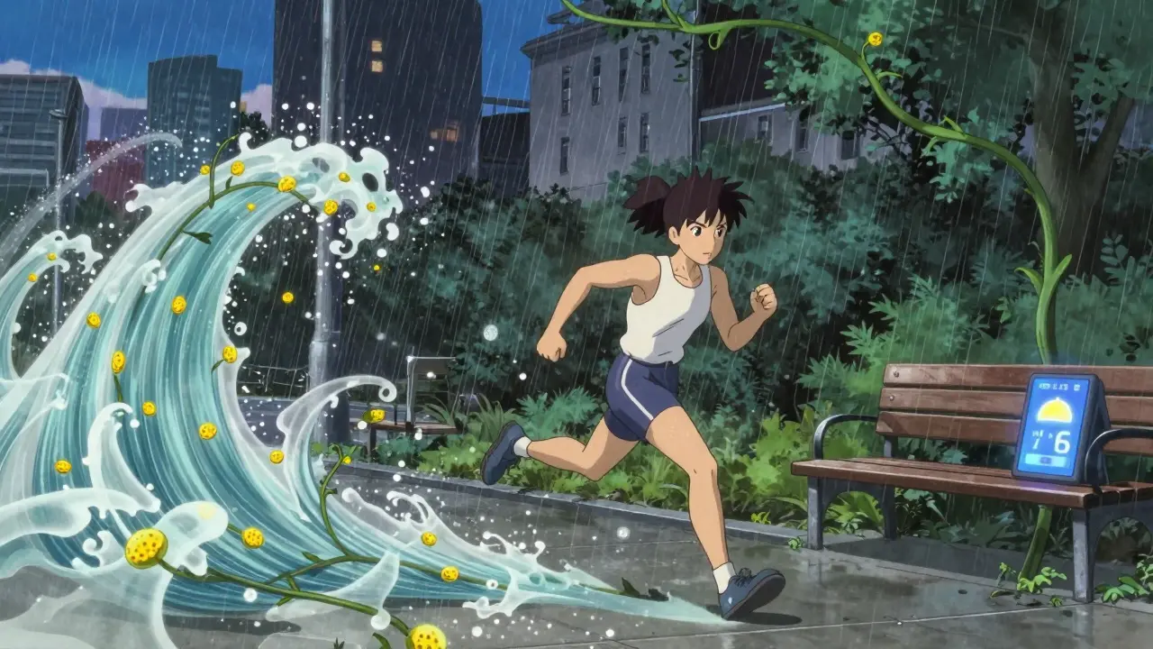 A runner sprints at dusk as rain washes away swirling pollen clouds.