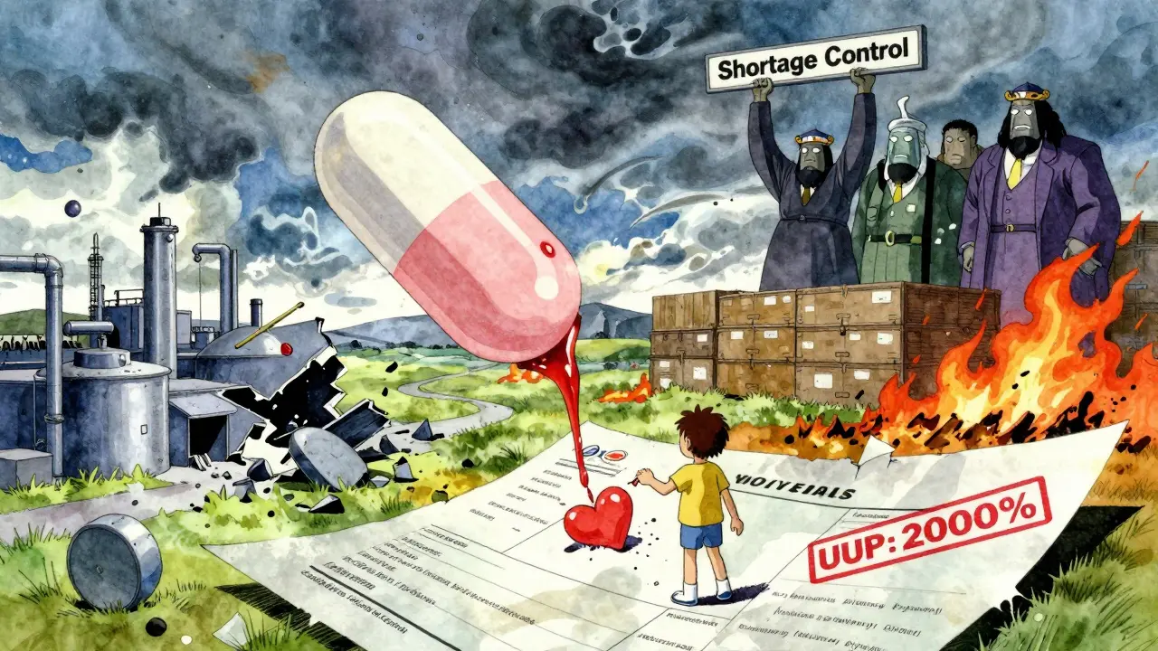 A single pill in a storm of supply chaos, with corporate giants controlling shortages and a crushed heart-shaped pill below.