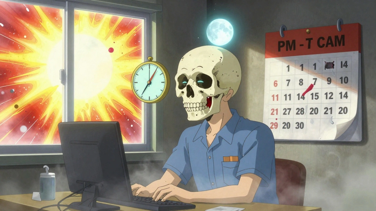 A tiny circadian spirit inside a skull struggles to sync a sundial with a glowing moon as daylight bursts through windows.