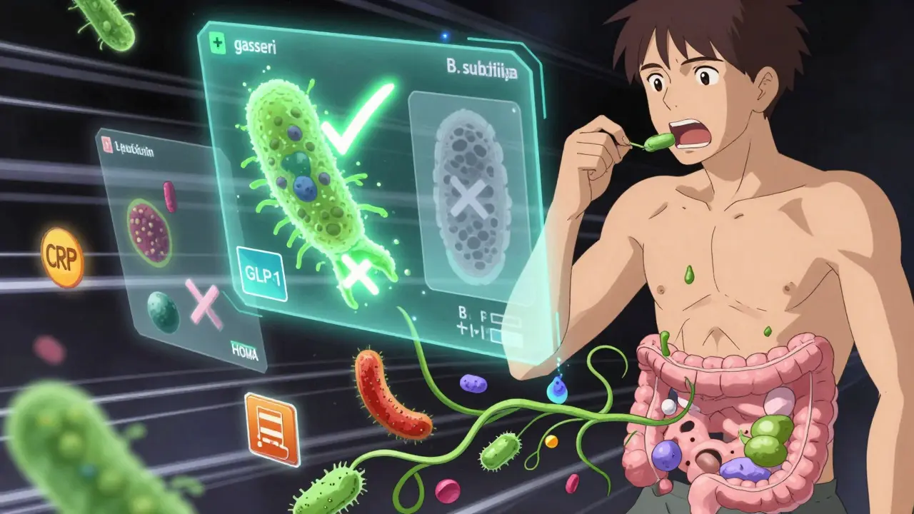 AI analyzing gut microbiome with holograms of bacteria, prebiotic vines feeding good microbes in stylized anime scene.