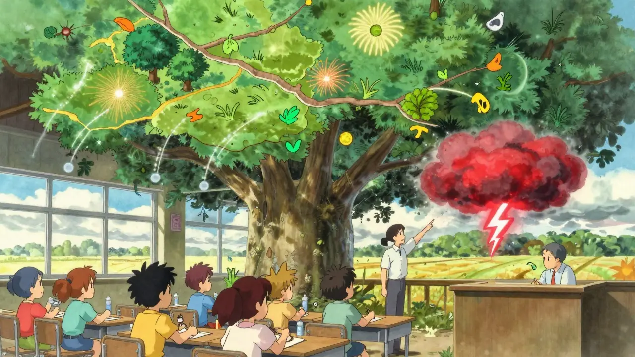 Children play under a giant animated pollen map showing daily allergen peaks.